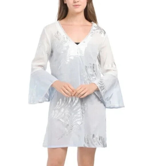 DEBBIE KATZ Mini Dress Beach Cover-up Blue Moira Silver Metallic Cotton Small - Picture 1 of 3